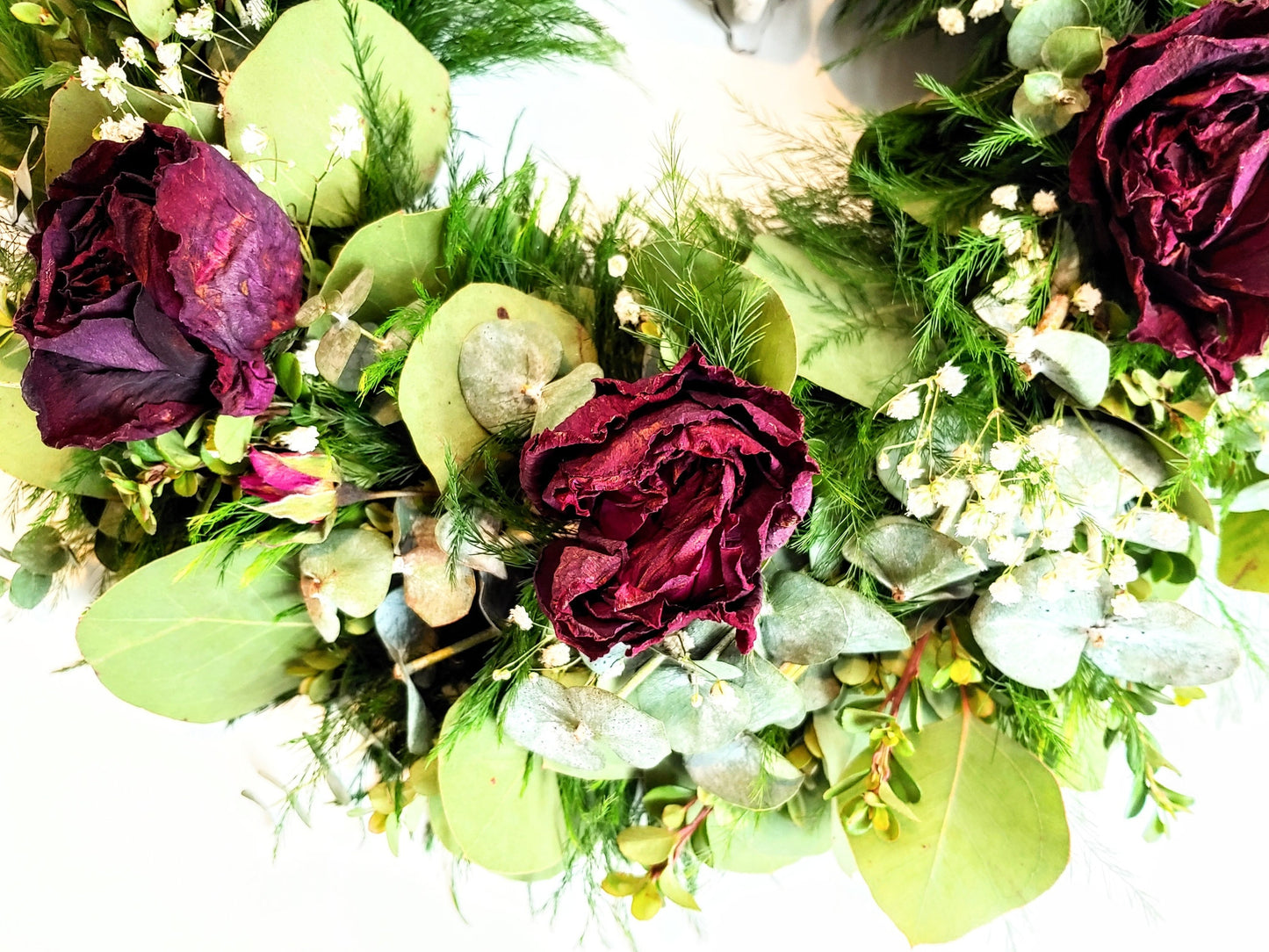 Fresh Eucalyptus Boxwood Wreath With Dried Red Roses and Babies Breath, Green Wreath, Farmhouse Wreath, Rustic Wreath, Wedding Wreath