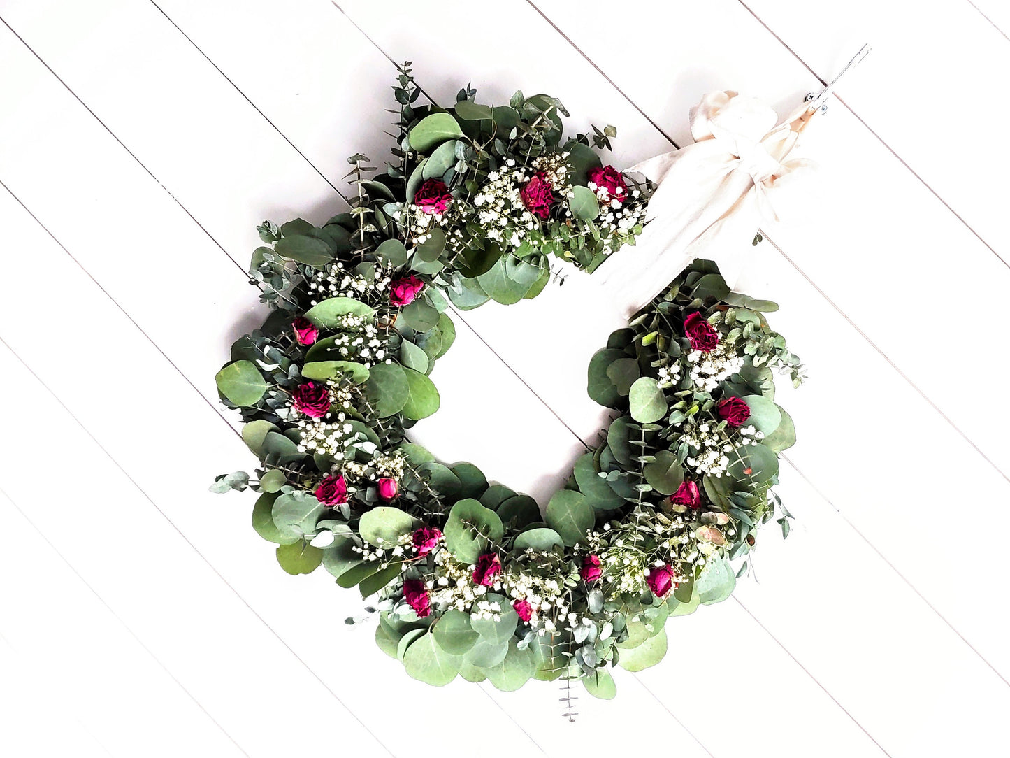 Fresh Eucalyptus Boxwood Wreath With Dried Pink Roses and Babies Breath, Green Wreath, Farmhouse Wreath, Rustic Wreath, Wedding Wreath