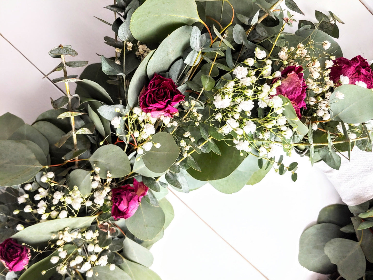 Fresh Eucalyptus Boxwood Wreath With Dried Pink Roses and Babies Breath, Green Wreath, Farmhouse Wreath, Rustic Wreath, Wedding Wreath