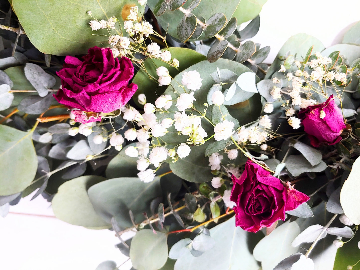 Fresh Eucalyptus Boxwood Wreath With Dried Pink Roses and Babies Breath, Green Wreath, Farmhouse Wreath, Rustic Wreath, Wedding Wreath