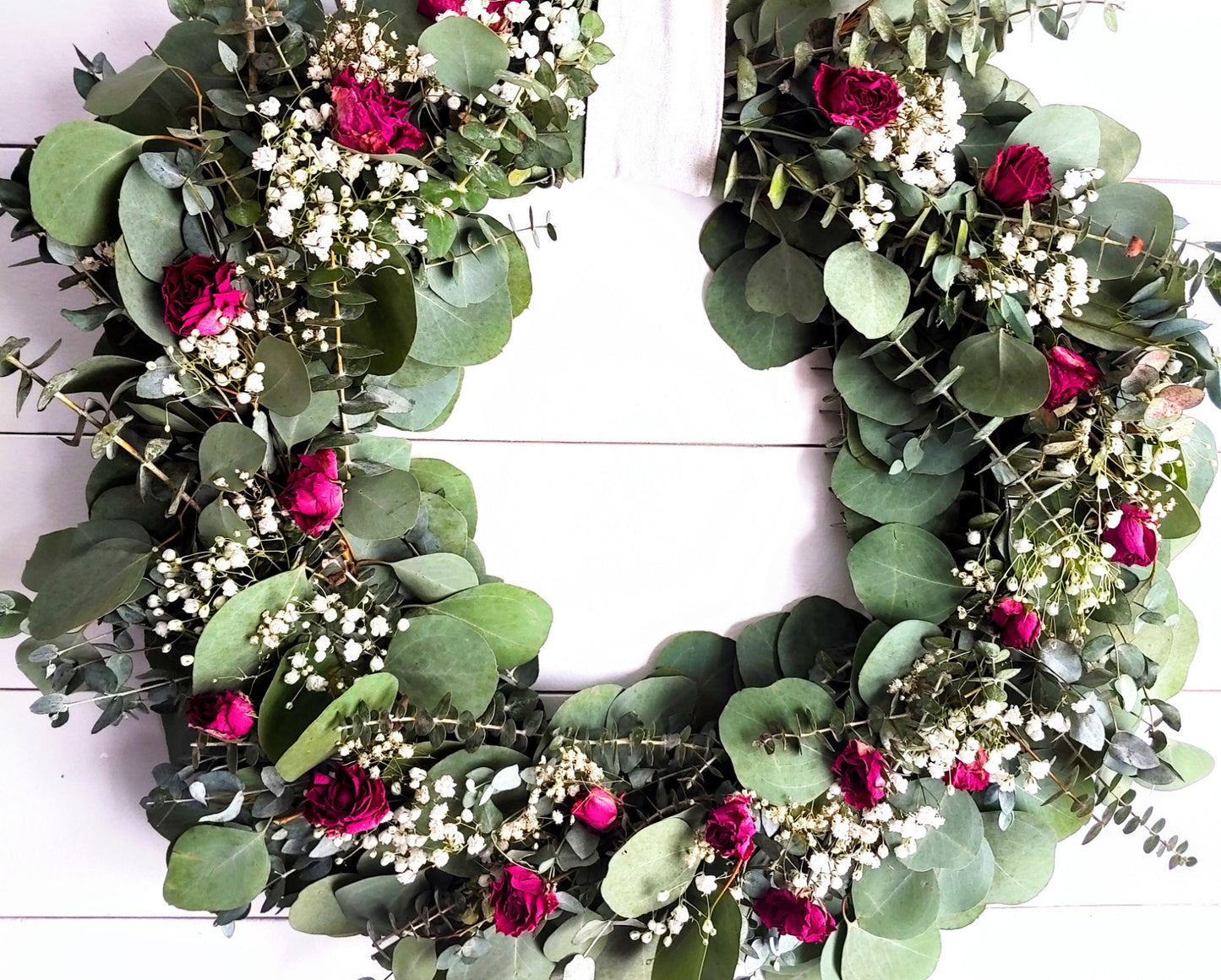 Fresh Eucalyptus Boxwood Wreath With Dried Pink Roses and Babies Breath, Green Wreath, Farmhouse Wreath, Rustic Wreath, Wedding Wreath