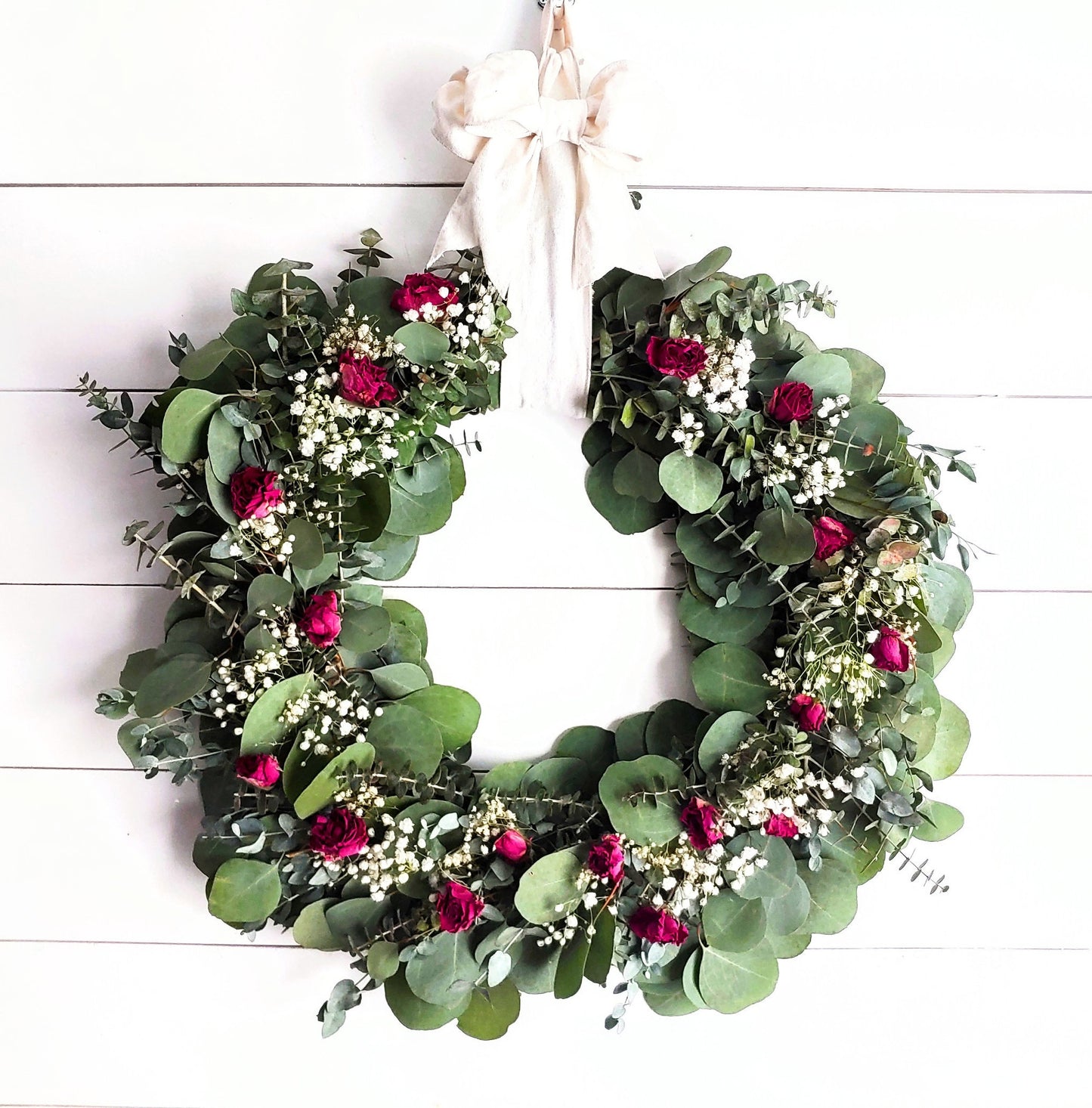 Fresh Eucalyptus Boxwood Wreath With Dried Pink Roses and Babies Breath, Green Wreath, Farmhouse Wreath, Rustic Wreath, Wedding Wreath