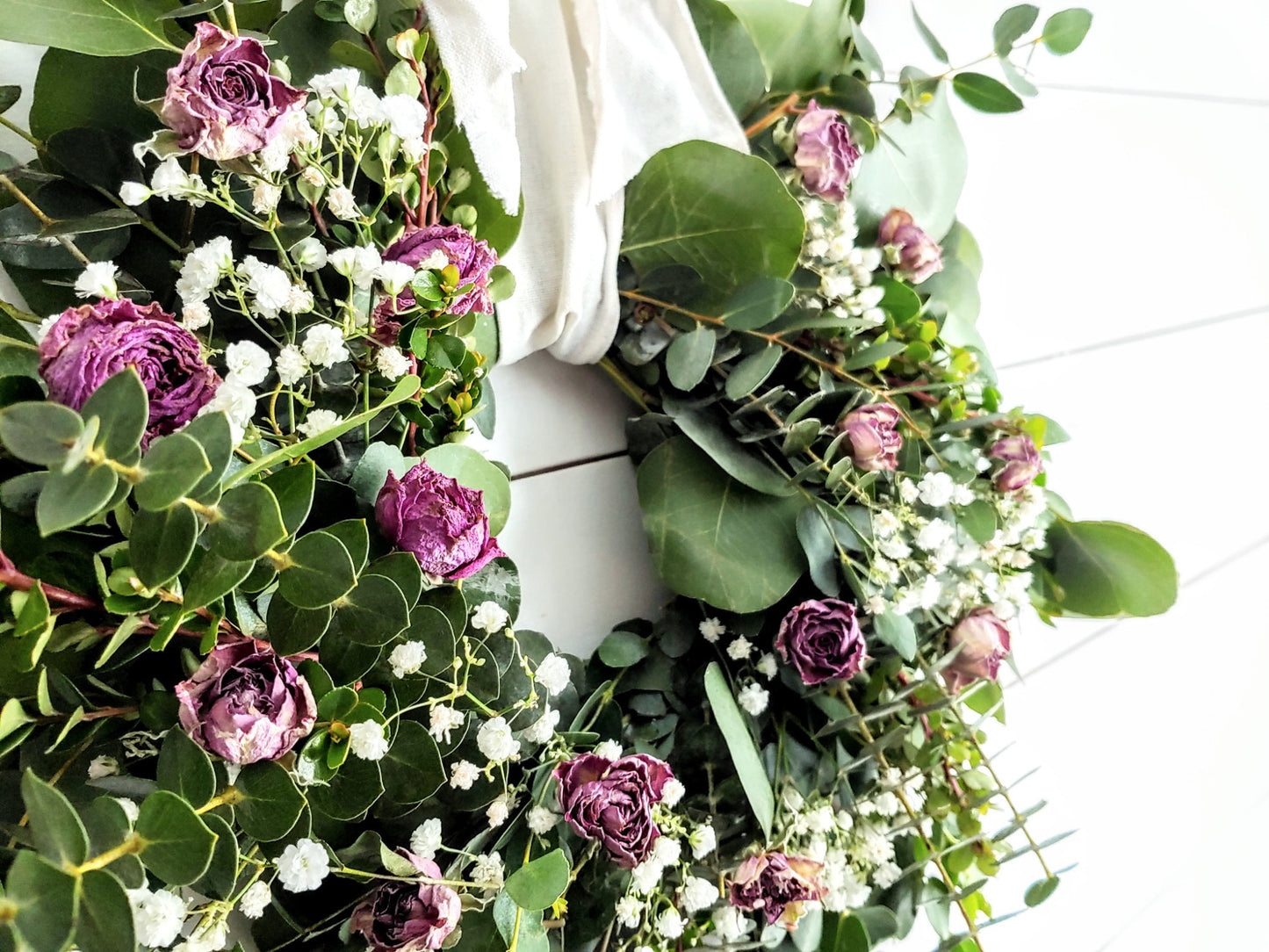 Fresh Eucalyptus Boxwood Wreath With Dried Pink Roses and Babies Breath, Green Wreath, Farmhouse Wreath, Rustic Wreath, Wedding Wreath