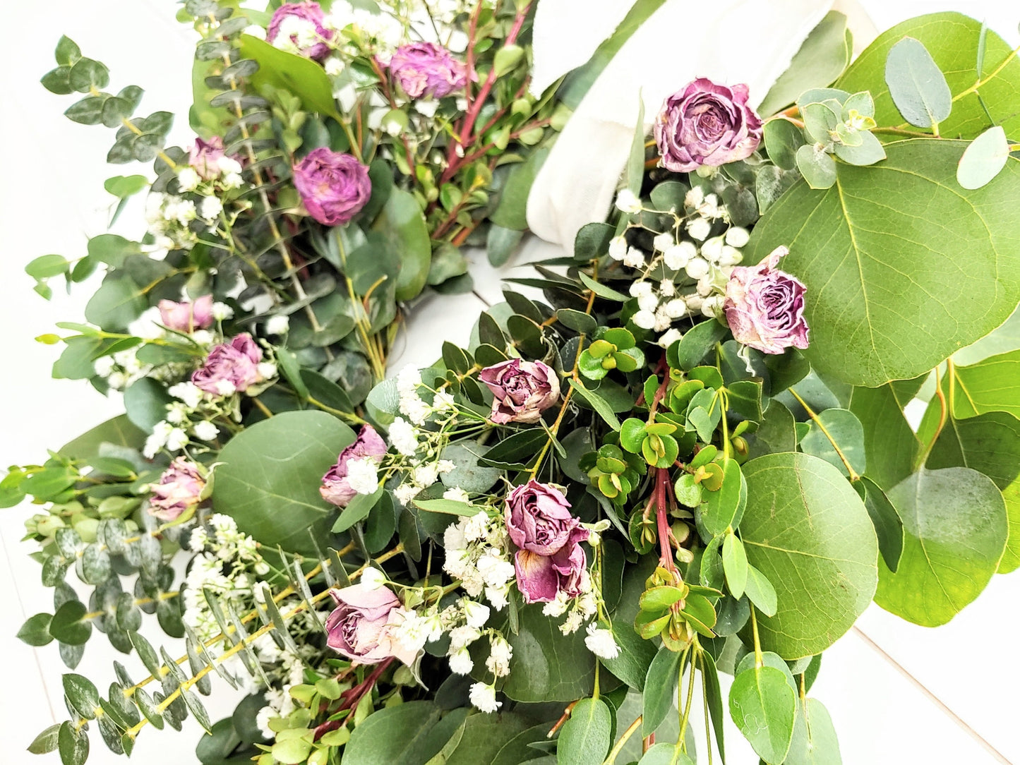 Fresh Eucalyptus Boxwood Wreath With Dried Pink Roses and Babies Breath, Green Wreath, Farmhouse Wreath, Rustic Wreath, Wedding Wreath