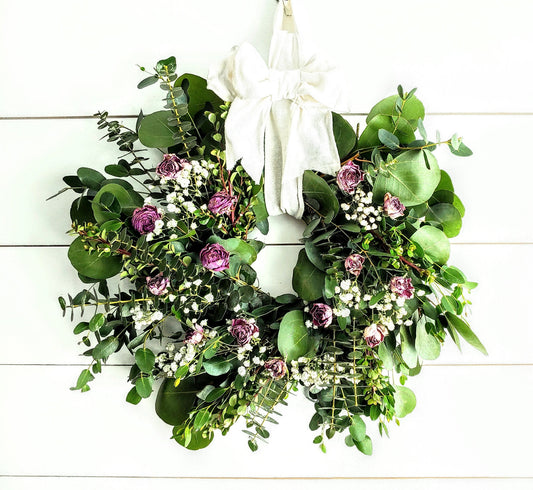 Fresh Eucalyptus Boxwood Wreath With Dried Pink Roses and Babies Breath, Green Wreath, Farmhouse Wreath, Rustic Wreath, Wedding Wreath