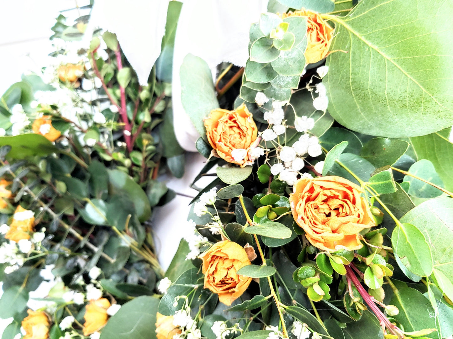 Fresh Eucalyptus Boxwood Wreath With Dried Pink Roses and Babies Breath, Green Wreath, Farmhouse Wreath, Rustic Wreath, Wedding Wreath