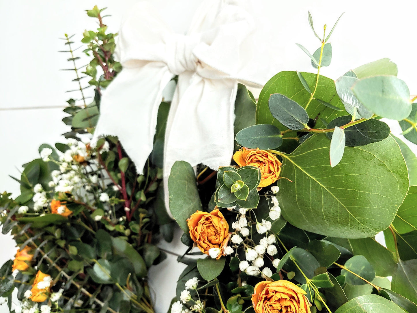 Fresh Eucalyptus Boxwood Wreath With Dried Pink Roses and Babies Breath, Green Wreath, Farmhouse Wreath, Rustic Wreath, Wedding Wreath