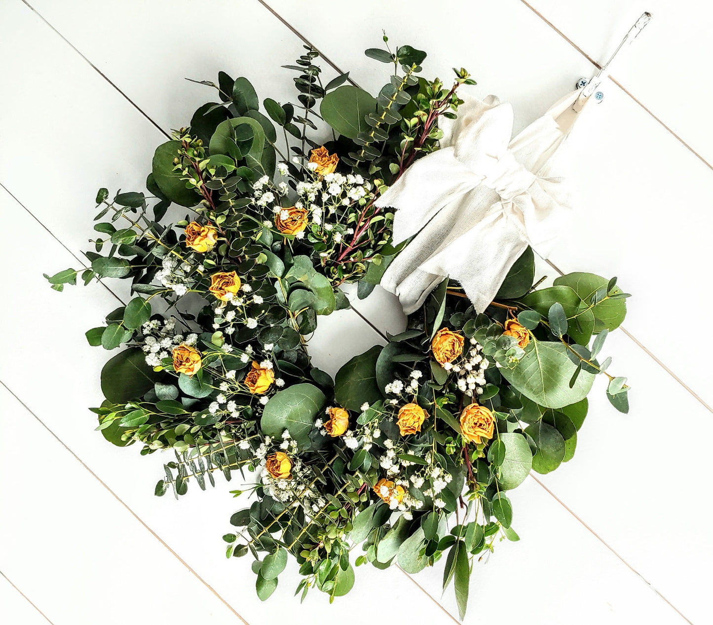 Fresh Eucalyptus Boxwood Wreath With Dried Pink Roses and Babies Breath, Green Wreath, Farmhouse Wreath, Rustic Wreath, Wedding Wreath