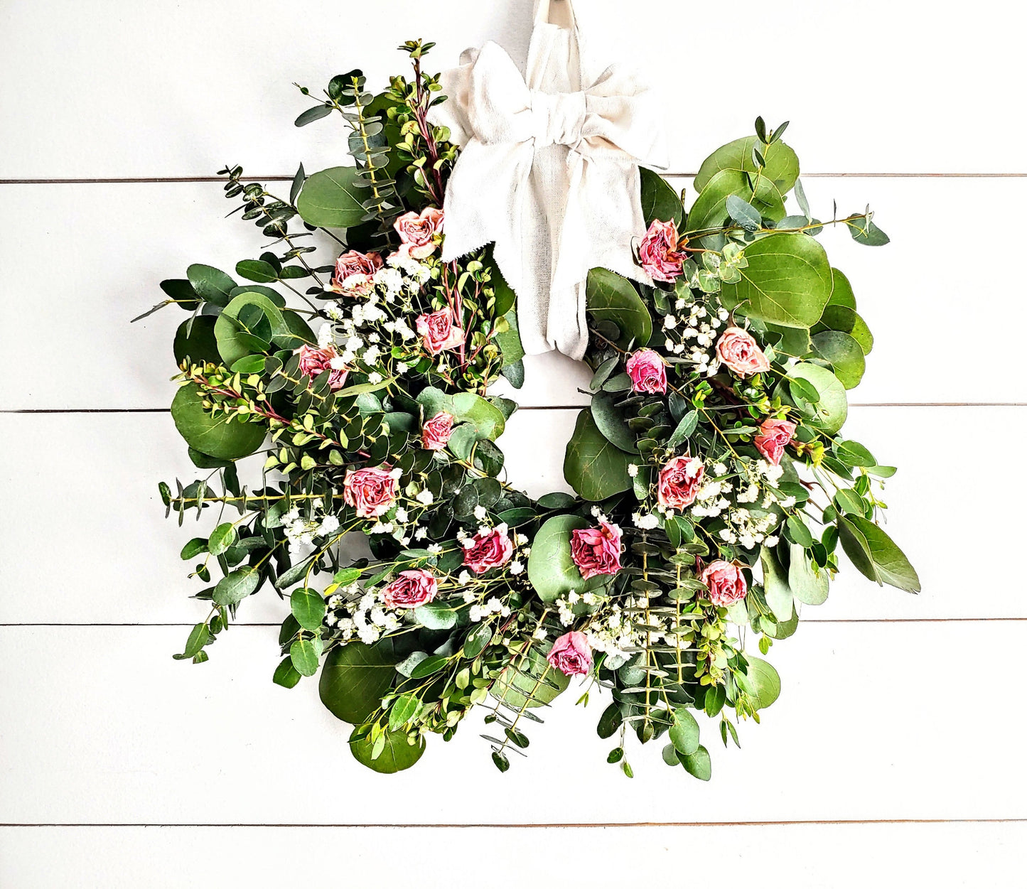 Fresh Eucalyptus Boxwood Wreath & Dried Pink Roses