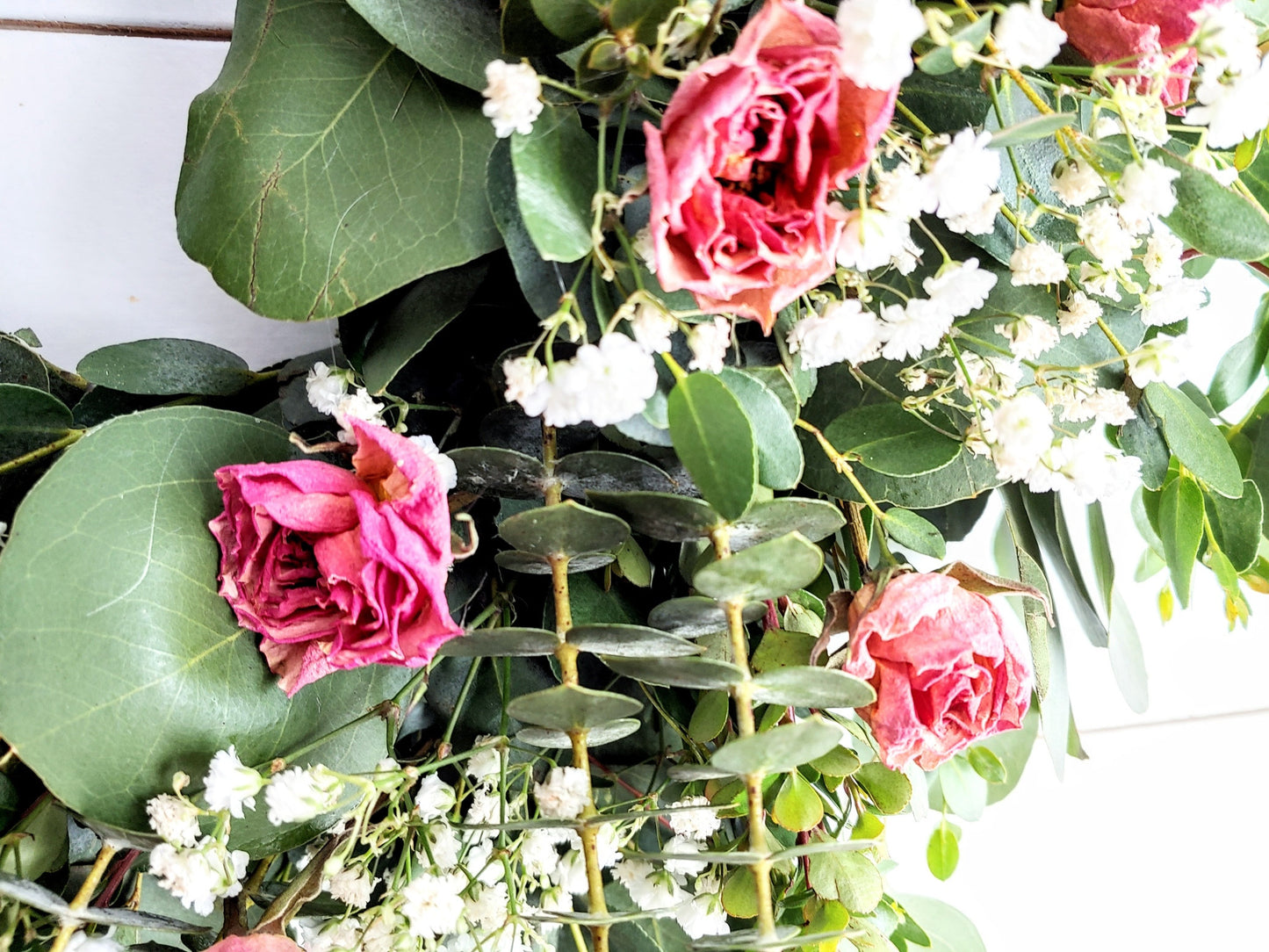 Fresh Eucalyptus Boxwood Wreath & Dried Pink Roses