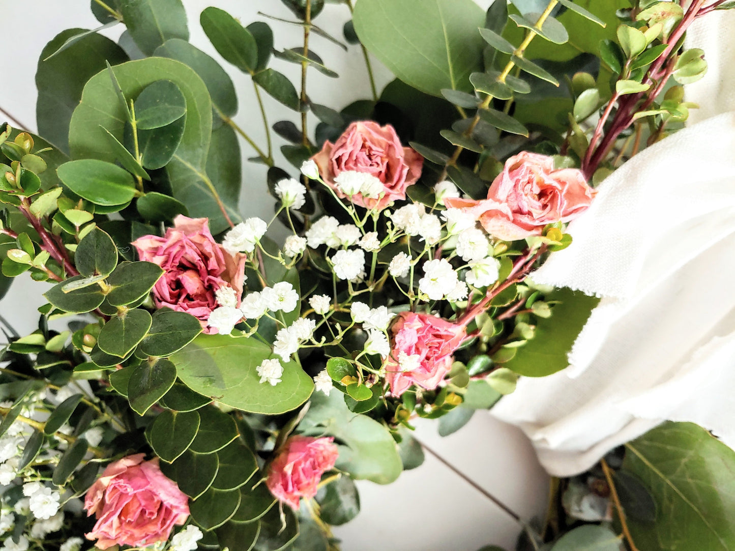 Fresh Eucalyptus Boxwood Wreath & Dried Pink Roses