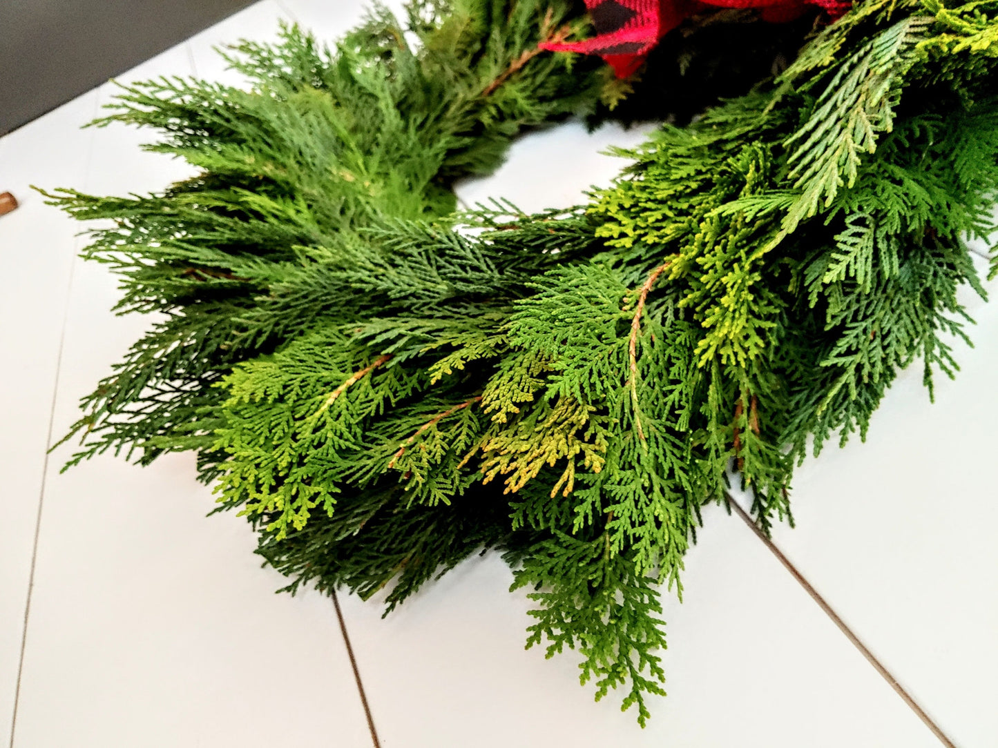 Fresh Christmas Wreath Cedar Cypress And Red Burlap Buffalo Bow, Live Christmas Wreath, Live Evergreen Christmas Wreath