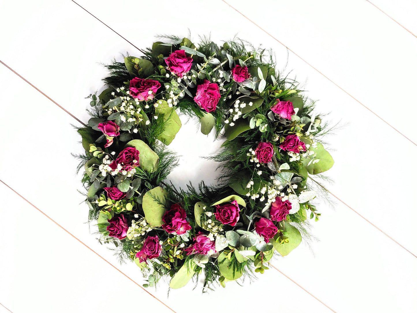 Fresh Eucalyptus Boxwood Wreath With Dried Pink Roses and Babies Breath, Green Wreath, Farmhouse Wreath, Rustic Wreath, Wedding Wreath