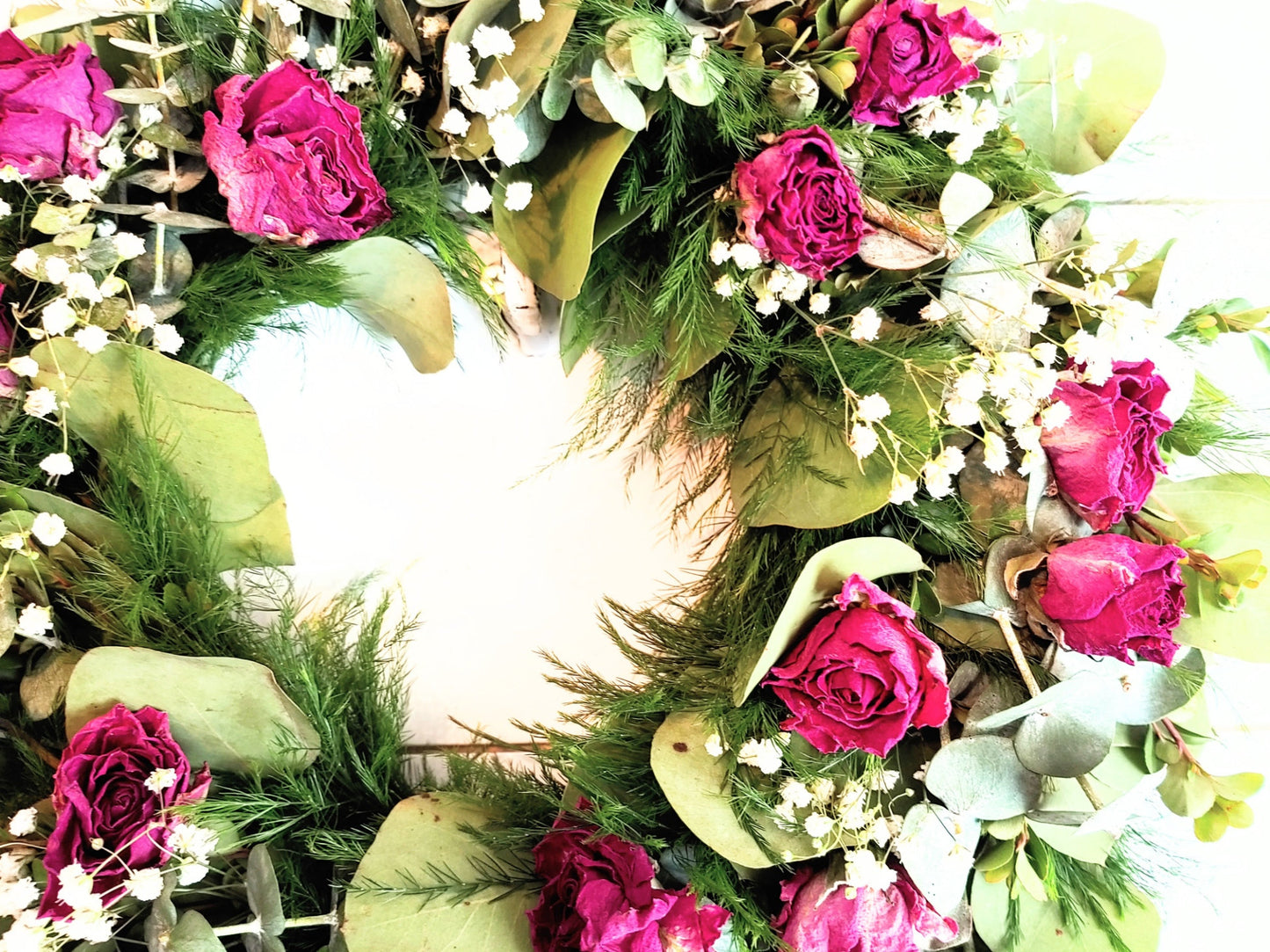 Fresh Eucalyptus Boxwood Wreath With Dried Pink Roses and Babies Breath, Green Wreath, Farmhouse Wreath, Rustic Wreath, Wedding Wreath