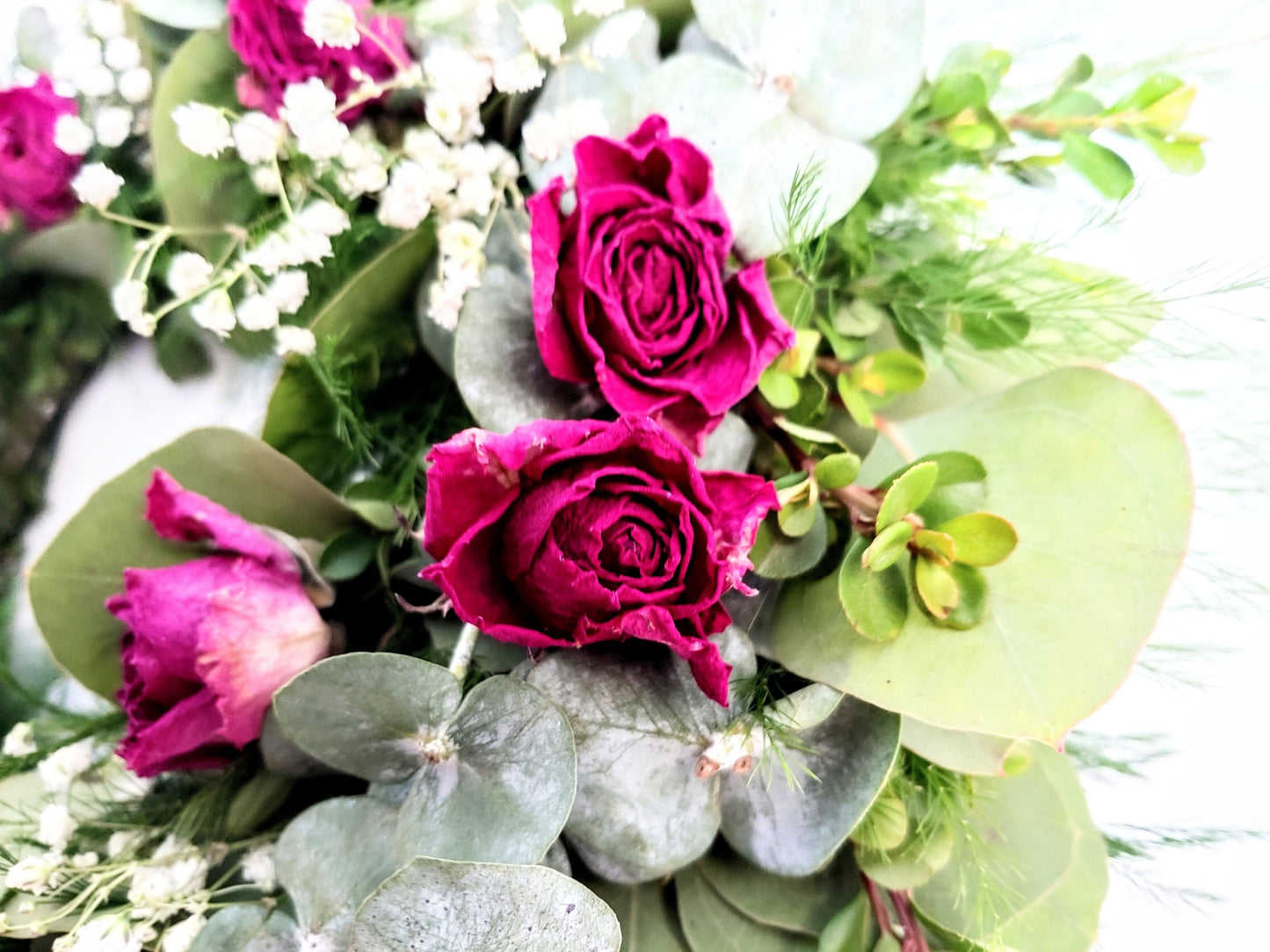 Fresh Eucalyptus Boxwood Wreath With Dried Pink Roses and Babies Breath, Green Wreath, Farmhouse Wreath, Rustic Wreath, Wedding Wreath