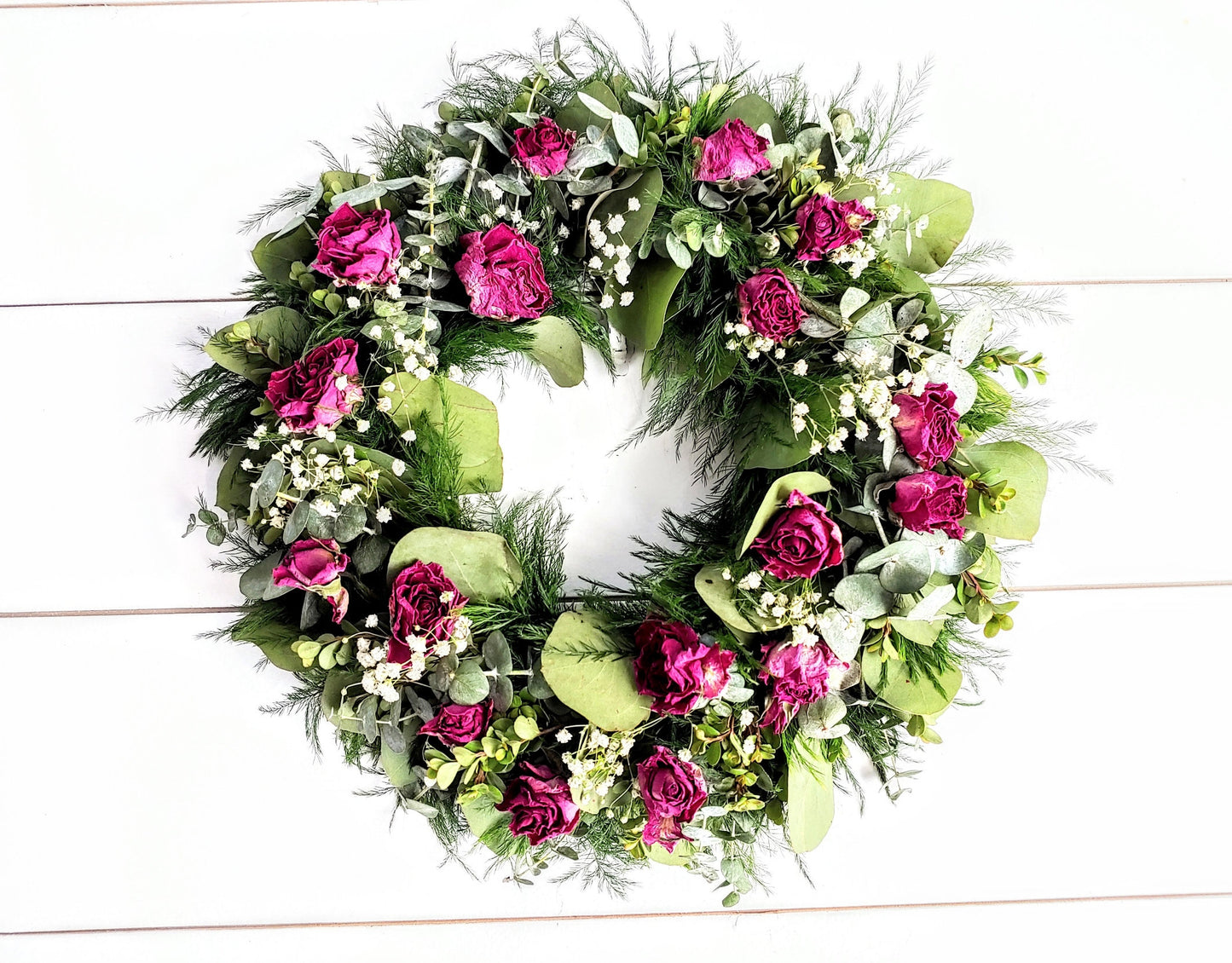 Fresh Eucalyptus Boxwood Wreath With Dried White Roses and Babies Breath, Green Wreath, Farmhouse Wreath, Rustic Wreath, Wedding Wreath