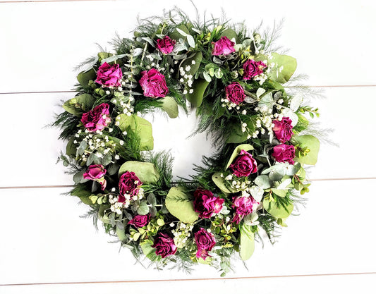Fresh Eucalyptus Boxwood Wreath With Dried Pink Roses and Babies Breath, Green Wreath, Farmhouse Wreath, Rustic Wreath, Wedding Wreath