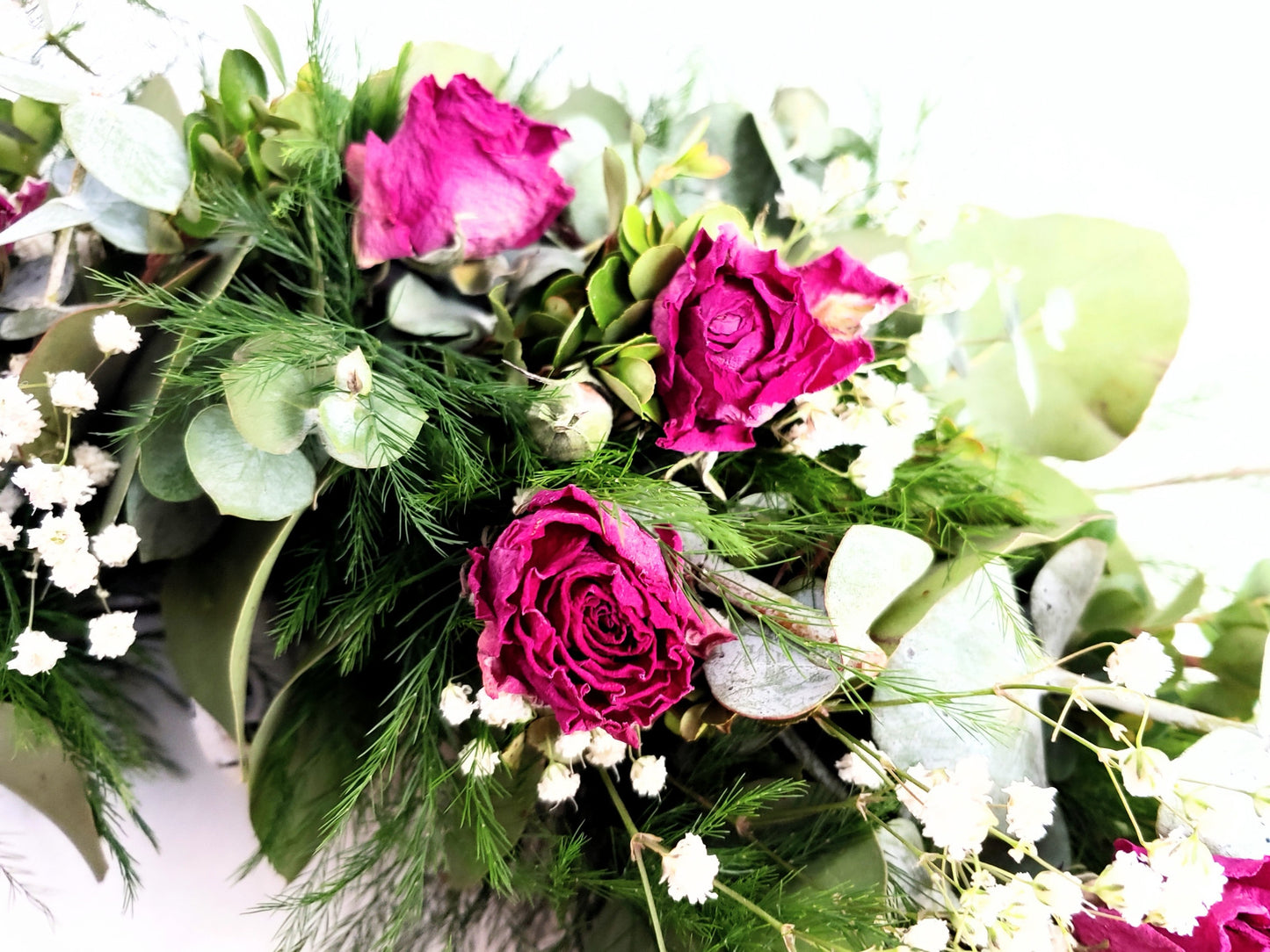 Fresh Eucalyptus Boxwood Wreath With Dried Pink Roses and Babies Breath, Green Wreath, Farmhouse Wreath, Rustic Wreath, Wedding Wreath