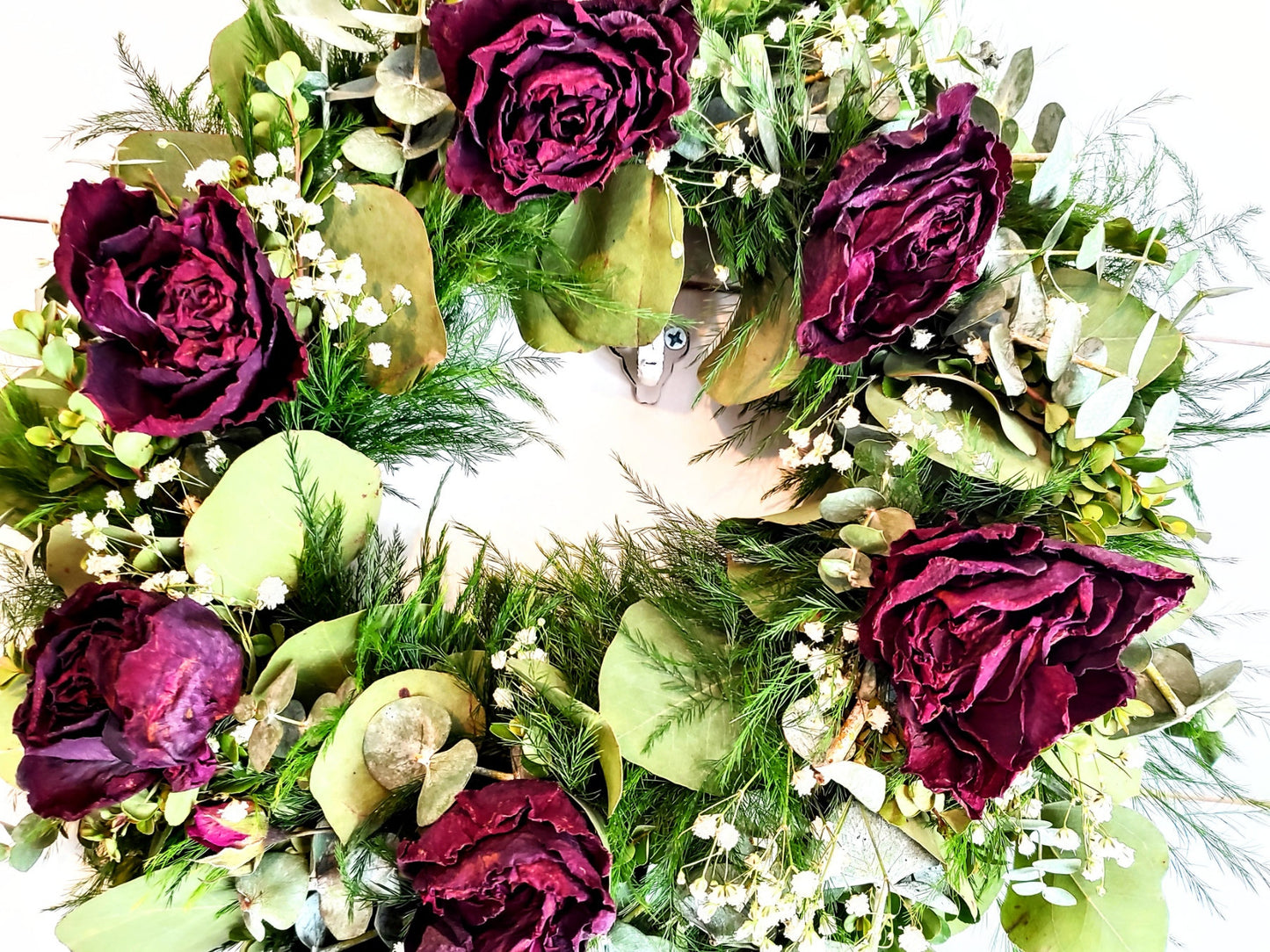 Fresh Eucalyptus Boxwood Wreath With Dried Red Roses and Babies Breath, Green Wreath, Farmhouse Wreath, Rustic Wreath, Wedding Wreath