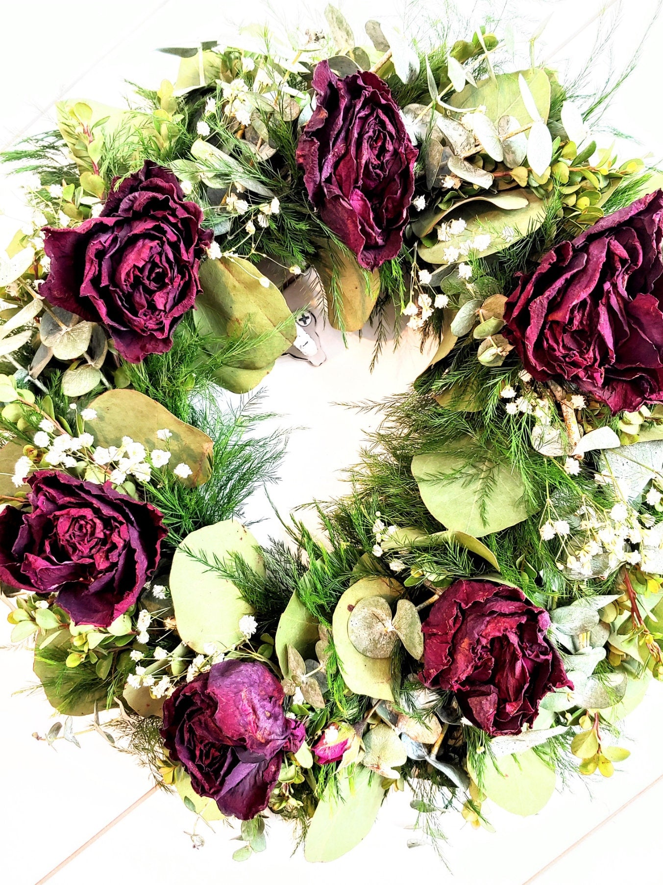 Fresh Eucalyptus Boxwood Wreath With Dried Red Roses and Babies Breath, Green Wreath, Farmhouse Wreath, Rustic Wreath, Wedding Wreath