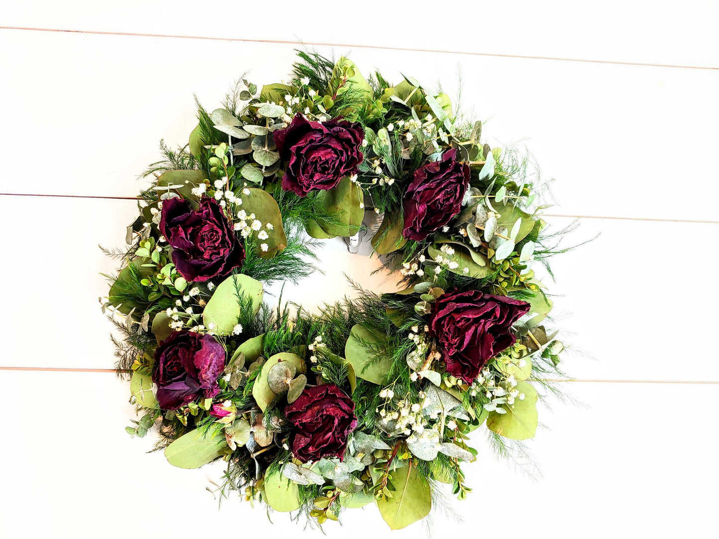 Fresh Eucalyptus Boxwood Wreath With Dried Red Roses and Babies Breath, Green Wreath, Farmhouse Wreath, Rustic Wreath, Wedding Wreath