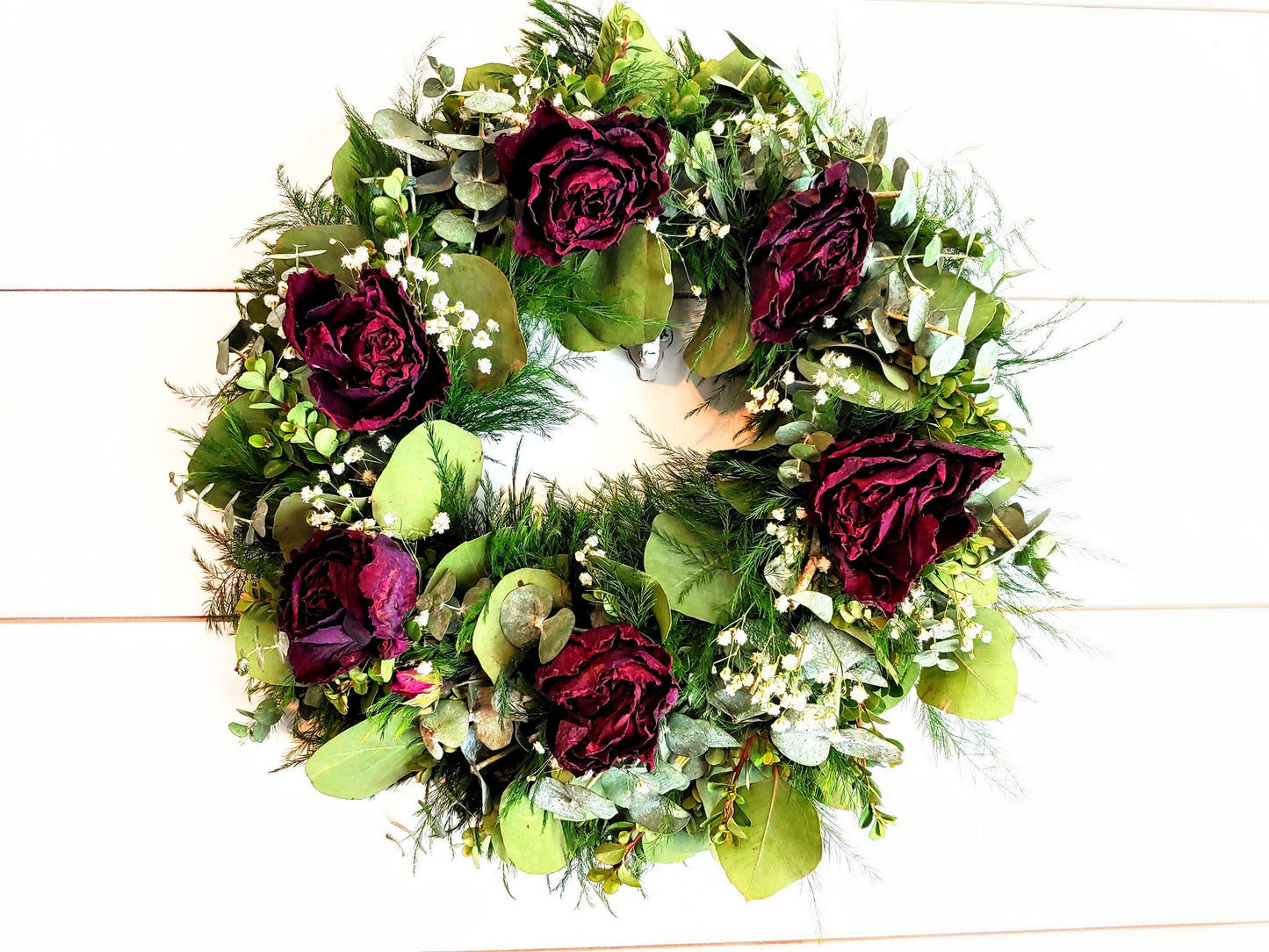Fresh Eucalyptus Boxwood Wreath With Dried Red Roses and Babies Breath, Green Wreath, Farmhouse Wreath, Rustic Wreath, Wedding Wreath