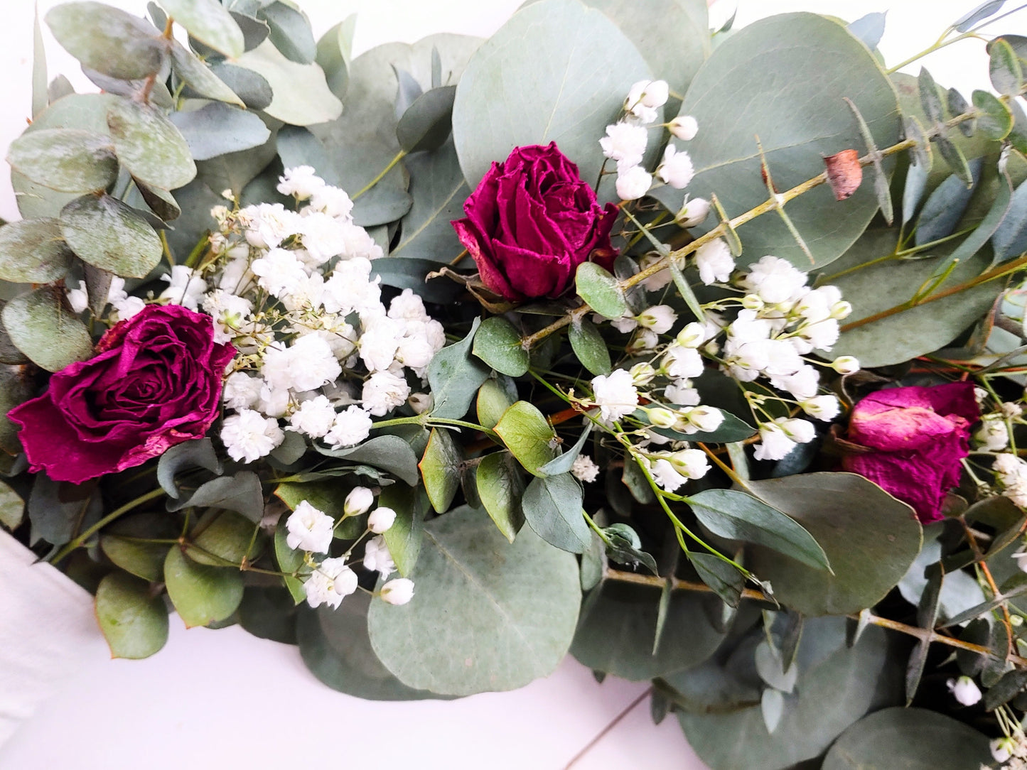 Fresh Eucalyptus Boxwood Wreath With Dried Pink Roses and Babies Breath, Green Wreath, Farmhouse Wreath, Rustic Wreath, Wedding Wreath
