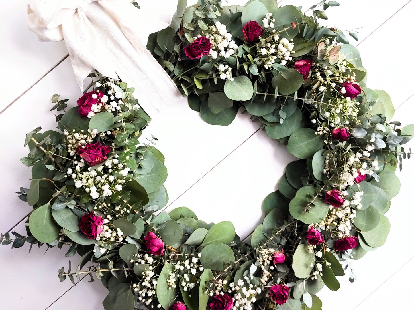 Fresh Eucalyptus Boxwood Wreath With Dried Pink Roses and Babies Breath, Green Wreath, Farmhouse Wreath, Rustic Wreath, Wedding Wreath