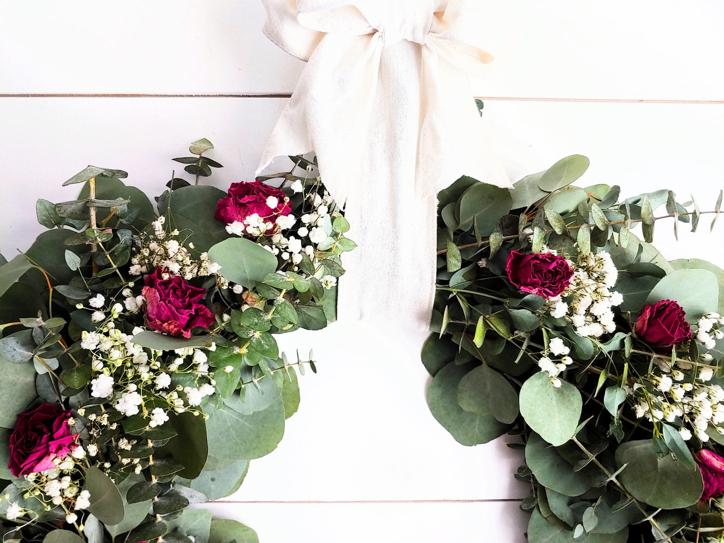 Fresh Eucalyptus Boxwood Wreath With Dried Pink Roses and Babies Breath, Green Wreath, Farmhouse Wreath, Rustic Wreath, Wedding Wreath