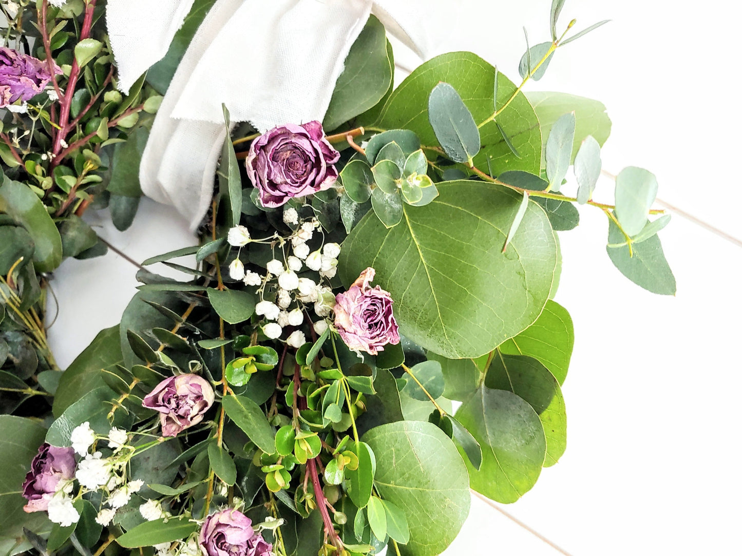 Fresh Eucalyptus Boxwood Wreath With Dried Pink Roses and Babies Breath, Green Wreath, Farmhouse Wreath, Rustic Wreath, Wedding Wreath