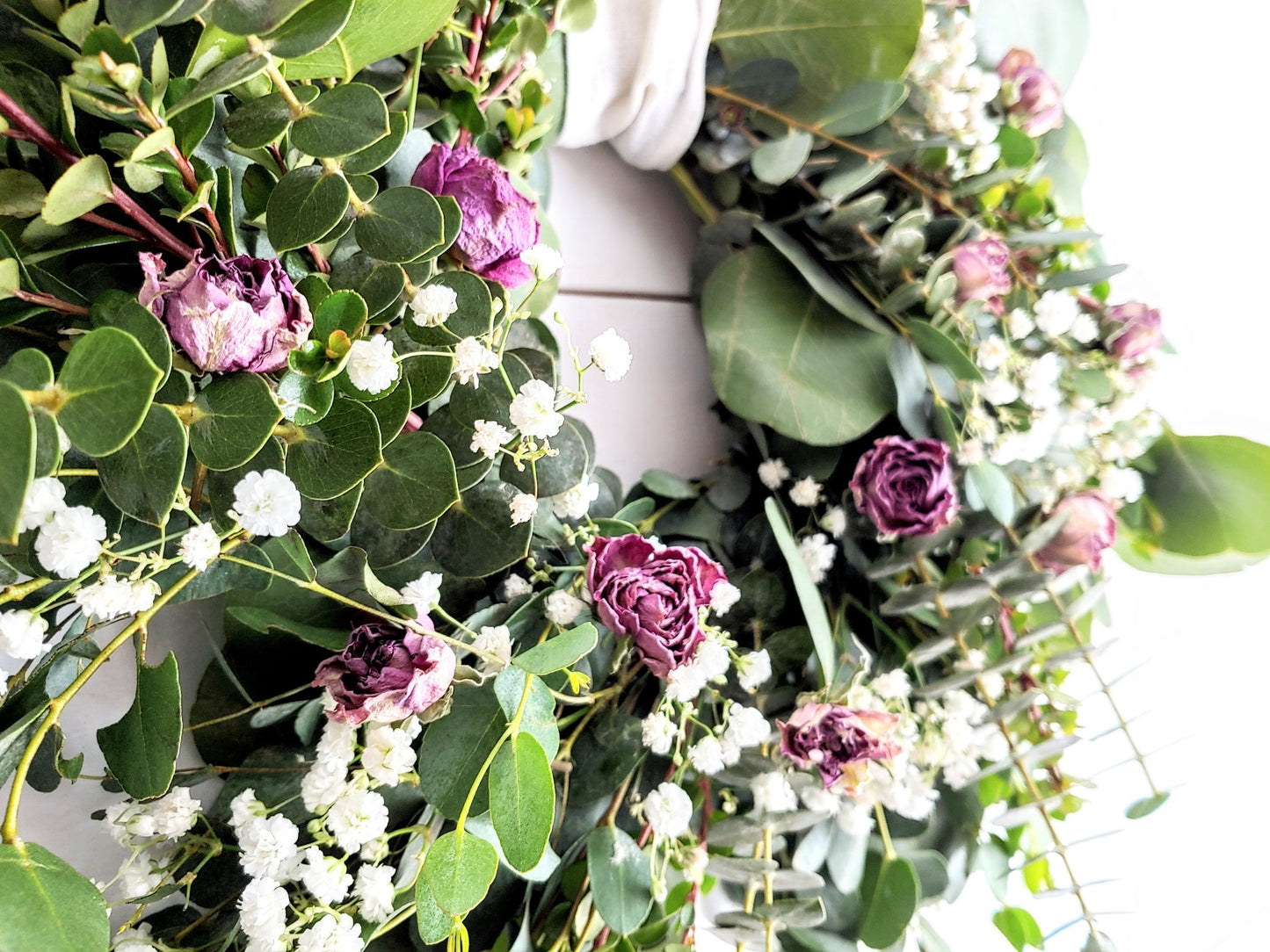 Fresh Eucalyptus Boxwood Wreath With Dried Pink Roses and Babies Breath, Green Wreath, Farmhouse Wreath, Rustic Wreath, Wedding Wreath