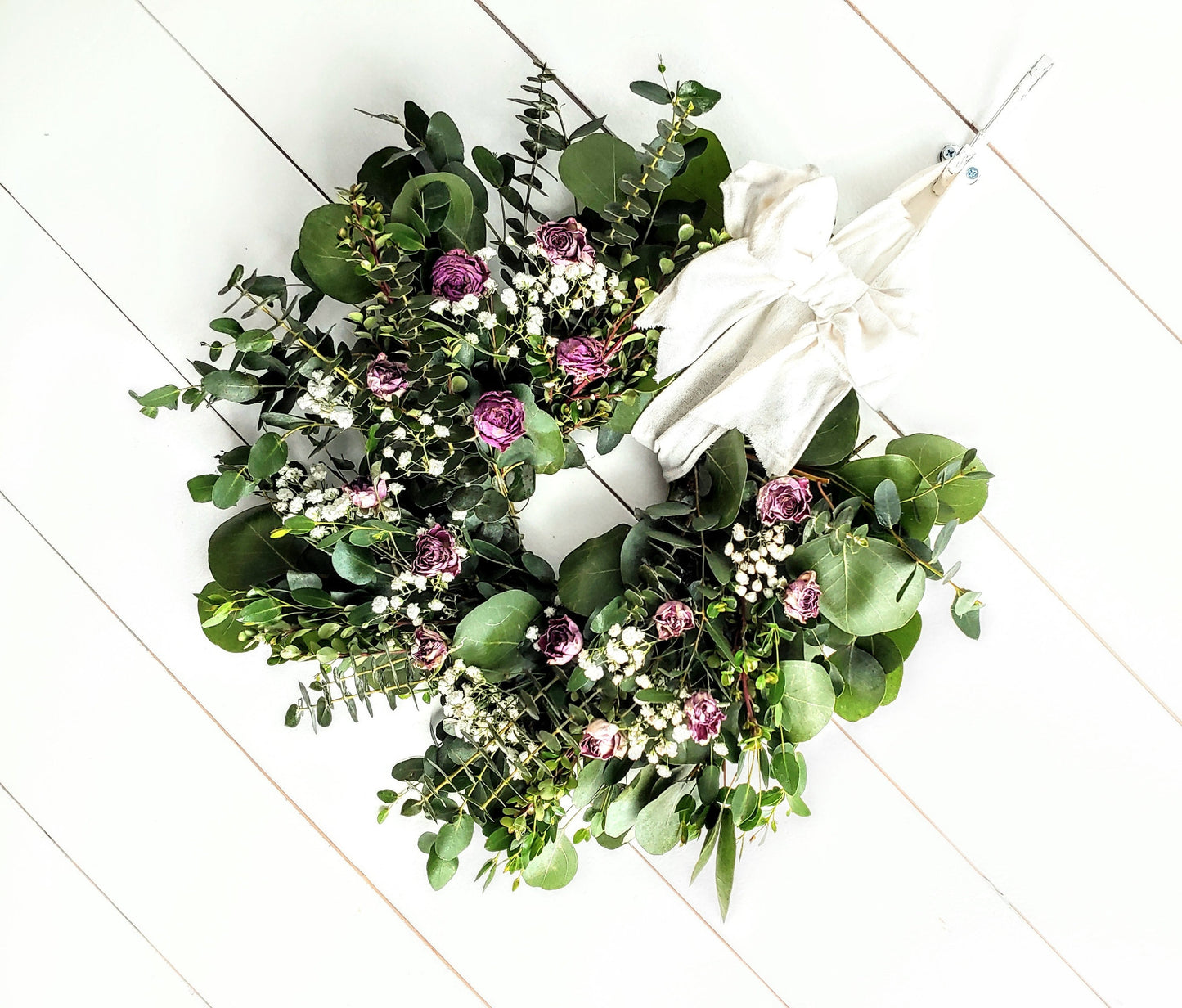 Fresh Eucalyptus Boxwood Wreath With Dried Pink Roses and Babies Breath, Green Wreath, Farmhouse Wreath, Rustic Wreath, Wedding Wreath