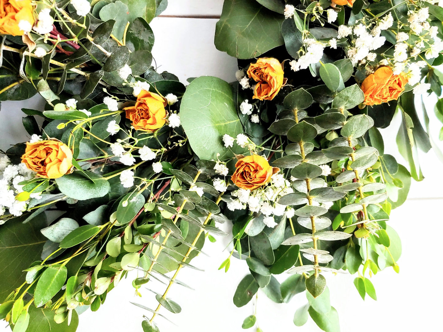 Fresh Eucalyptus Boxwood Wreath With Dried Pink Roses and Babies Breath, Green Wreath, Farmhouse Wreath, Rustic Wreath, Wedding Wreath