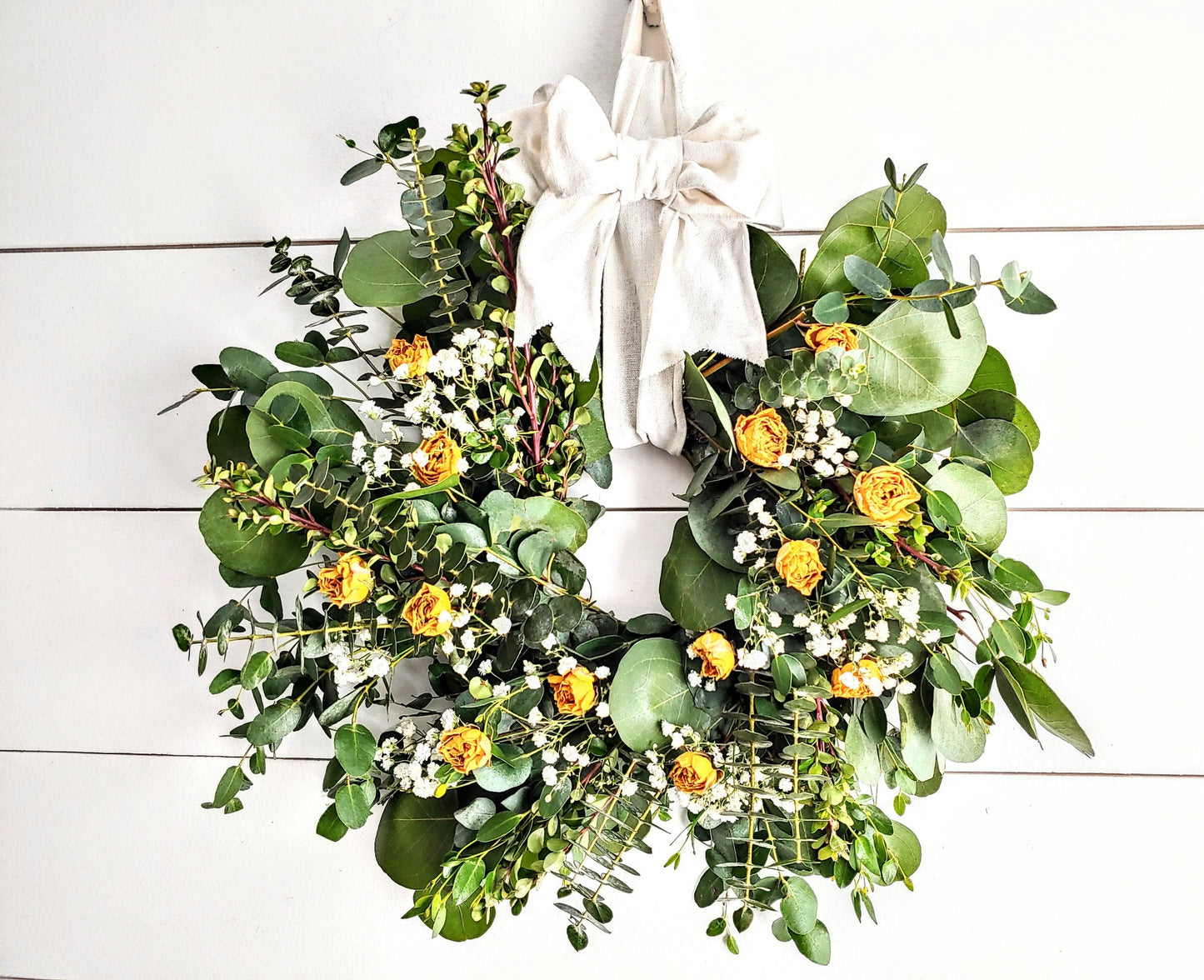 Fresh Eucalyptus Boxwood Wreath With Dried Pink Roses and Babies Breath, Green Wreath, Farmhouse Wreath, Rustic Wreath, Wedding Wreath