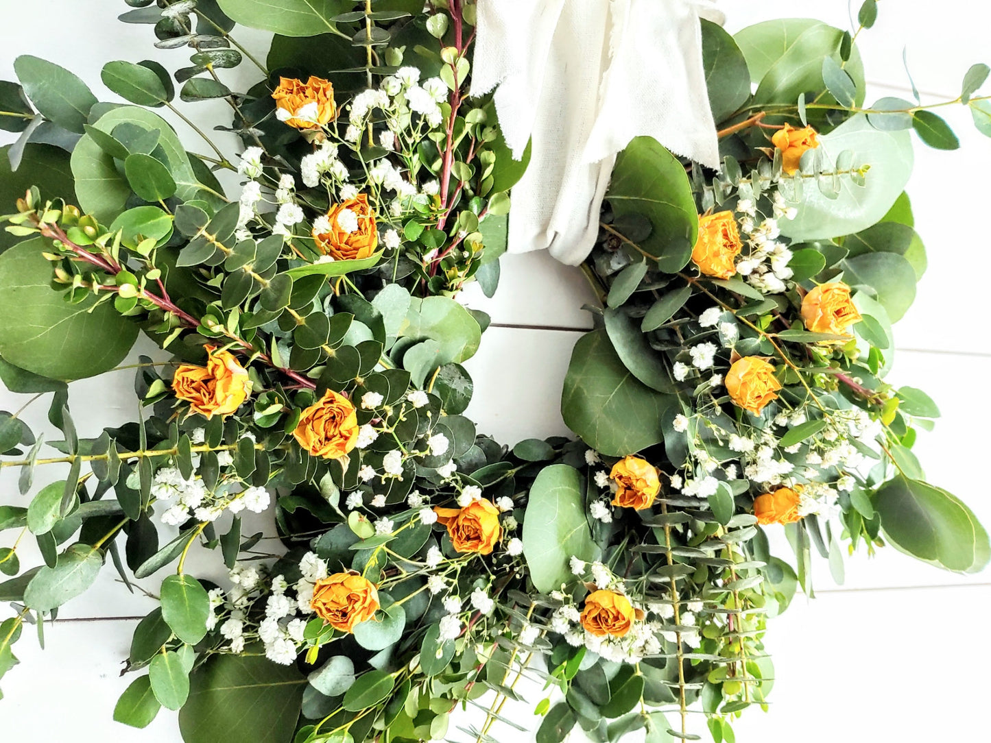 Fresh Eucalyptus Boxwood Wreath With Dried Pink Roses and Babies Breath, Green Wreath, Farmhouse Wreath, Rustic Wreath, Wedding Wreath