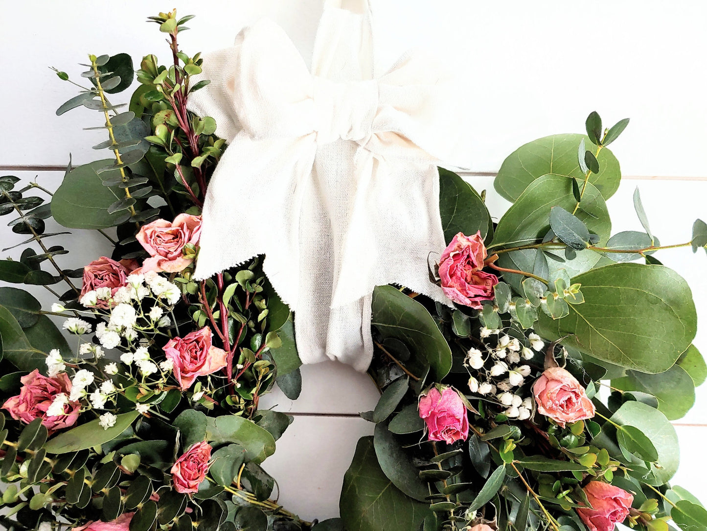 Fresh Eucalyptus Boxwood Wreath & Dried Pink Roses