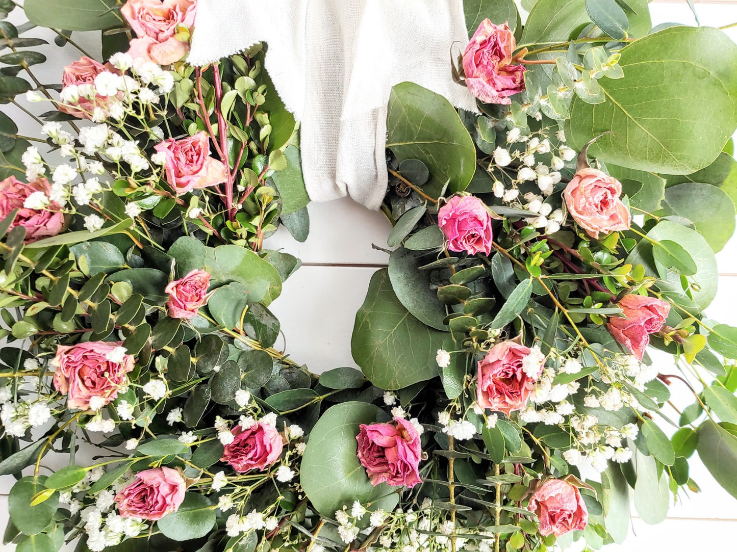 Fresh Eucalyptus Boxwood Wreath & Dried Pink Roses