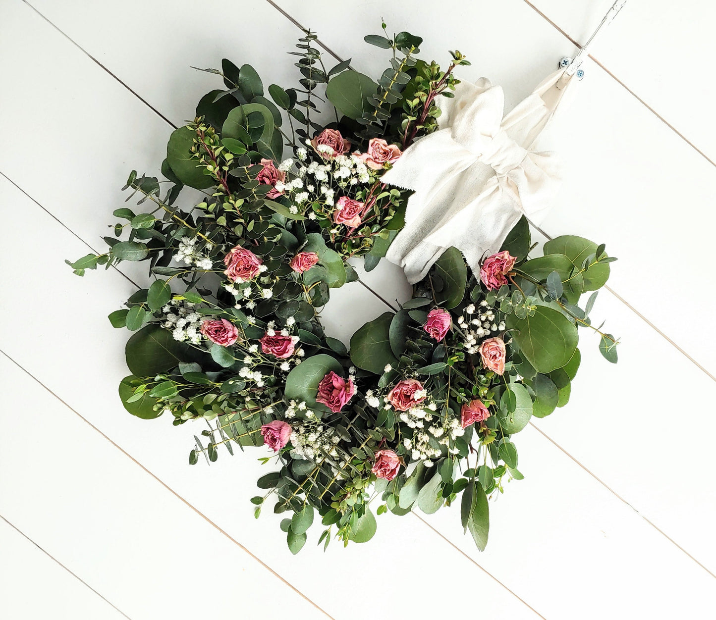 Fresh Eucalyptus Boxwood Wreath & Dried Pink Roses
