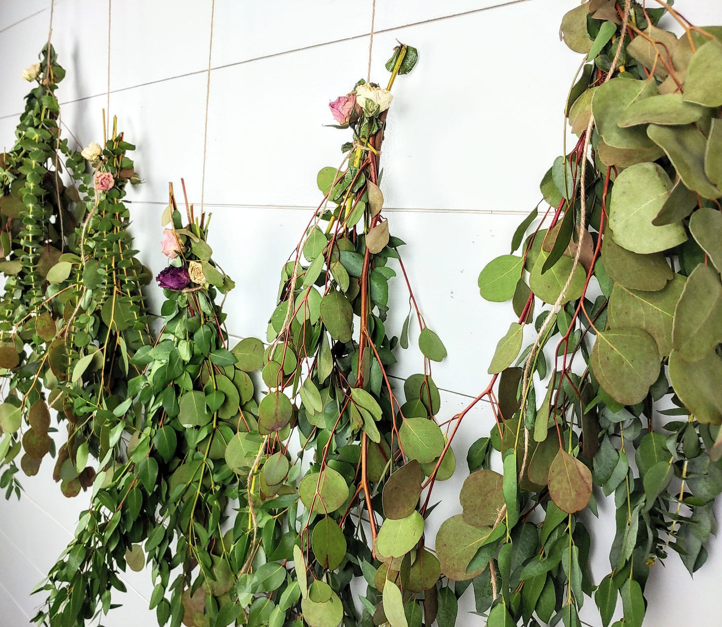 Fresh Eucalyptus Wall Hanging Swag With Dried Roses, Fresh Wreath, Farmhouse Rustic, Wedding Decor, Kitchen Wall Decor, Mothers Day Gift,