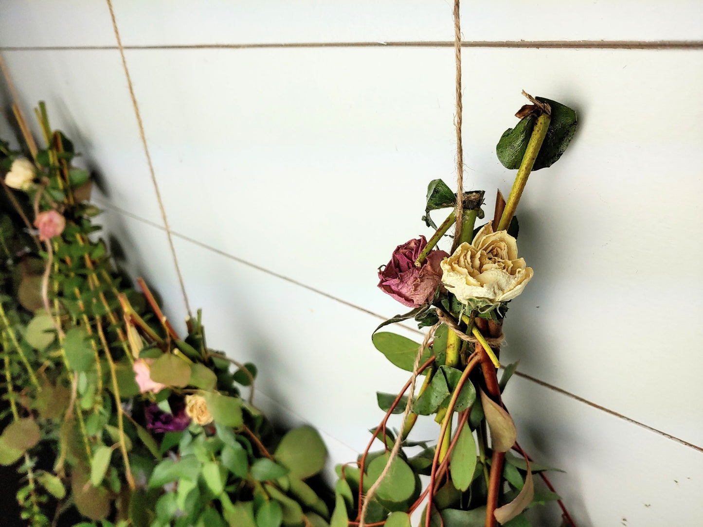 Fresh Eucalyptus Wall Hanging Swag With Dried Roses, Fresh Wreath, Farmhouse Rustic, Wedding Decor, Kitchen Wall Decor, Mothers Day Gift,