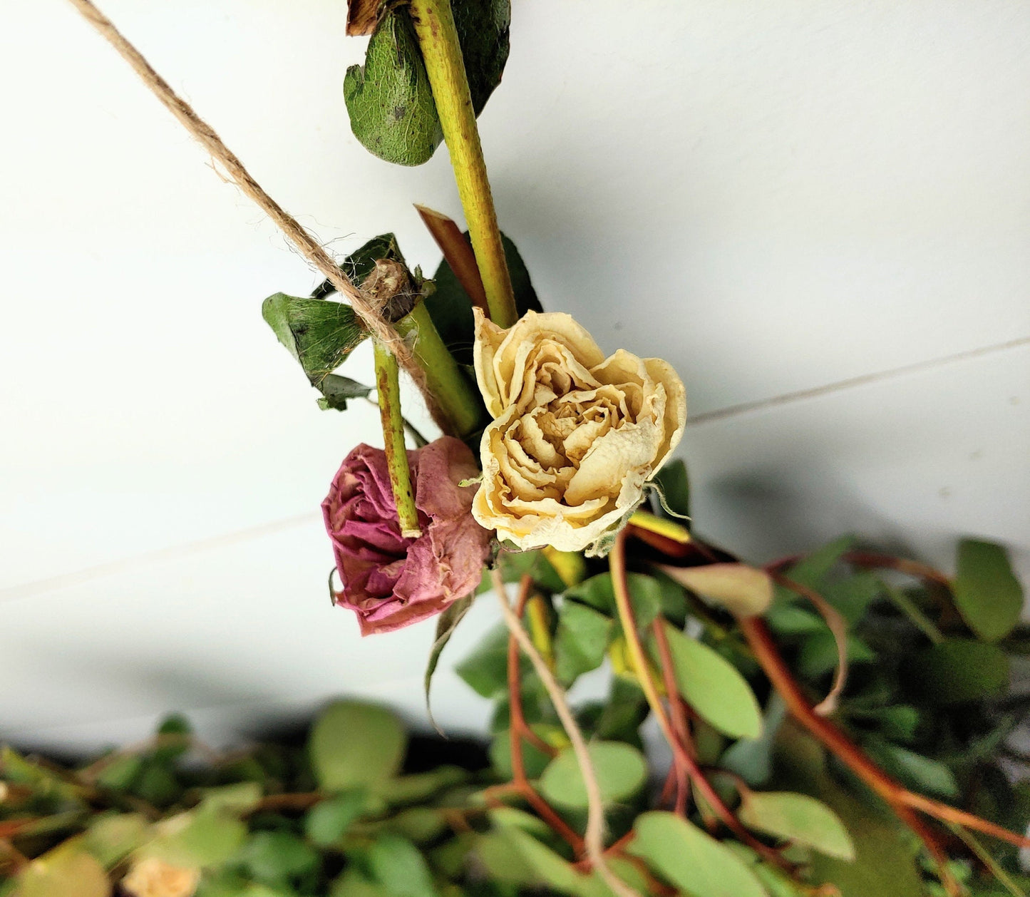 Fresh Eucalyptus Wall Hanging Swag With Dried Roses, Fresh Wreath, Farmhouse Rustic, Wedding Decor, Kitchen Wall Decor, Mothers Day Gift,