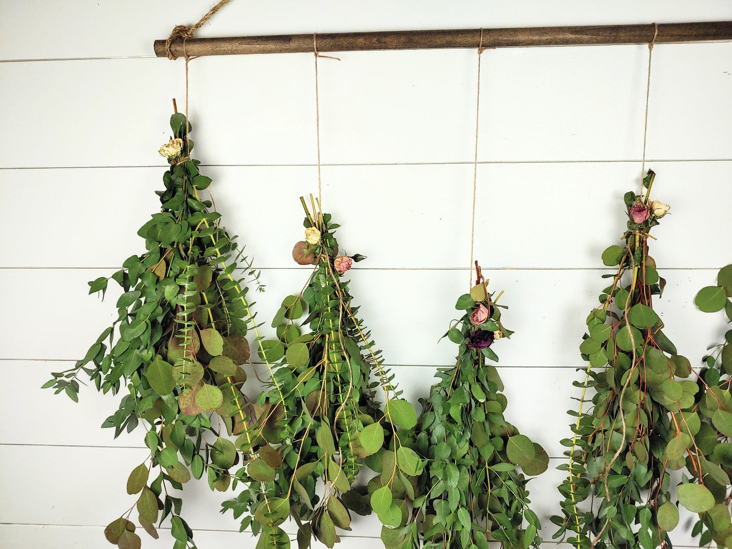 Fresh Eucalyptus Wall Hanging Swag With Dried Roses, Fresh Wreath, Farmhouse Rustic, Wedding Decor, Kitchen Wall Decor, Mothers Day Gift,