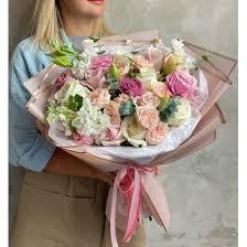 Handtied Bouquet Peaches, Pinks, And Greens