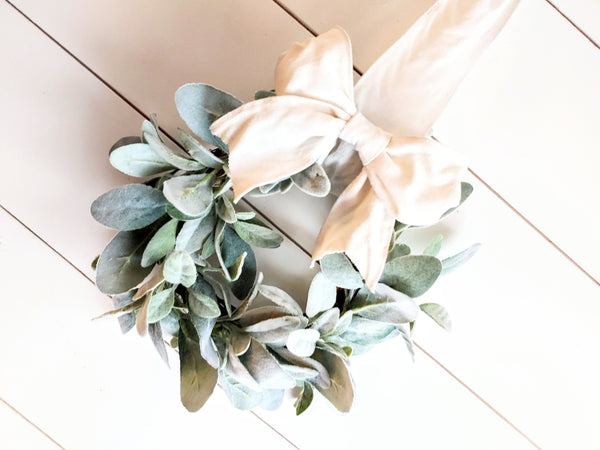 Faux Lambs Ear Wreath With White Bow