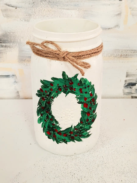 Hand Painted Snowman/Wreath Mason Jar