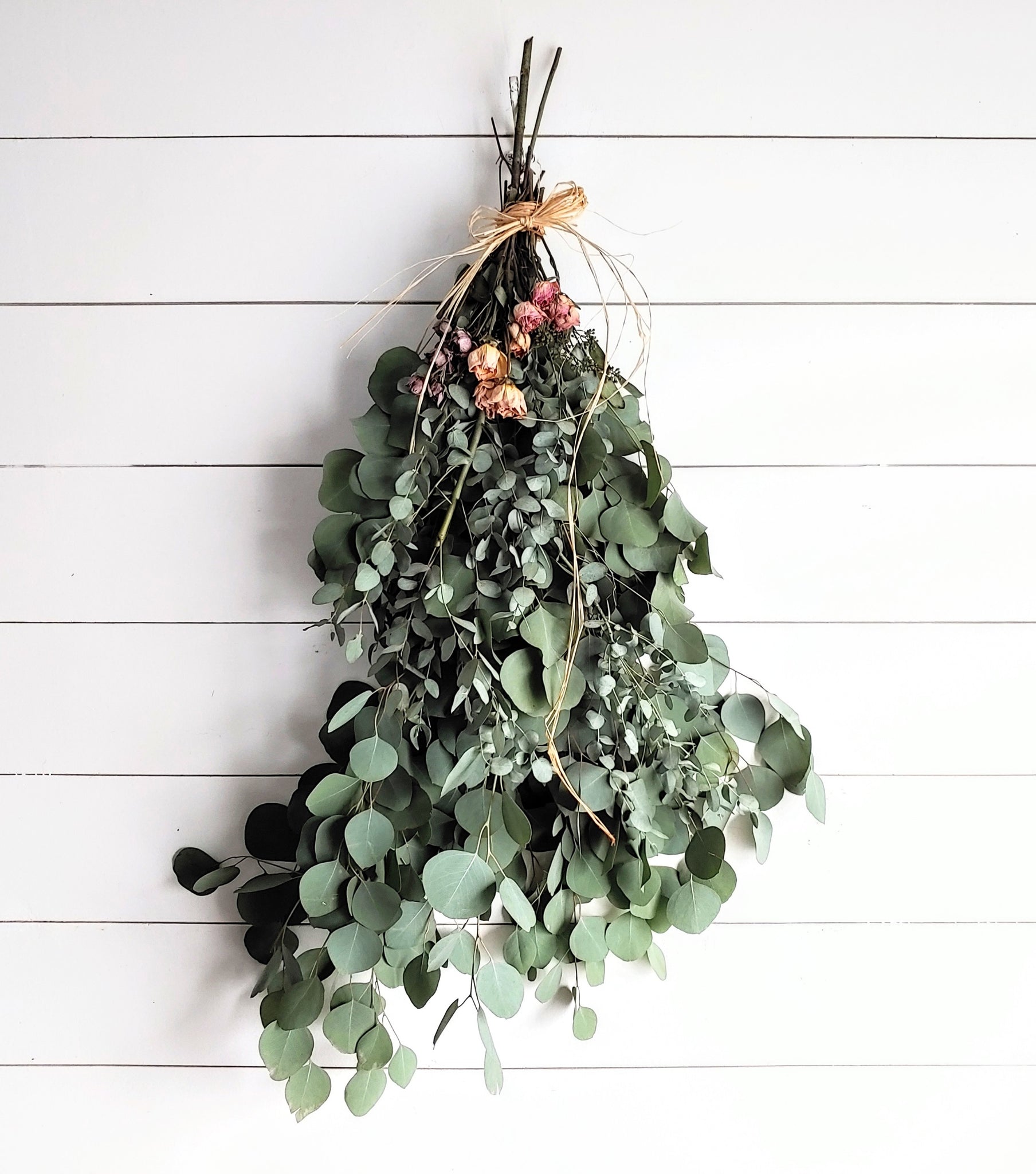 Fresh Eucalyptus Wall Hanging Swag With Dried Roses, Fresh Wreath, Boho Wall Deco, Wedding Decor, Kitchen Wall Decor, Mothers Day Gift,