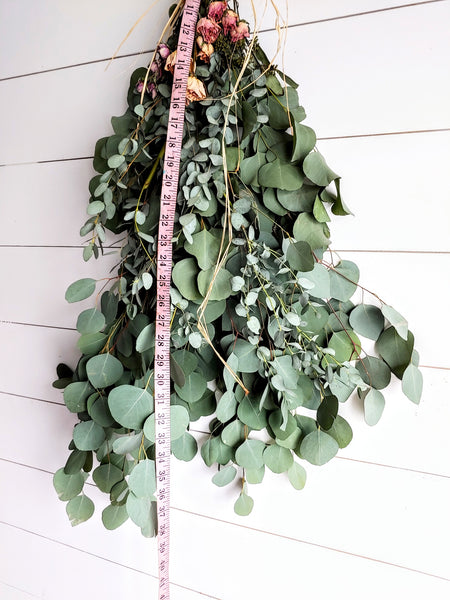 Fresh Eucalyptus Wall Hanging Swag With Dried Roses, Fresh Wreath, Boho Wall Deco, Wedding Decor, Kitchen Wall Decor, Mothers Day Gift,
