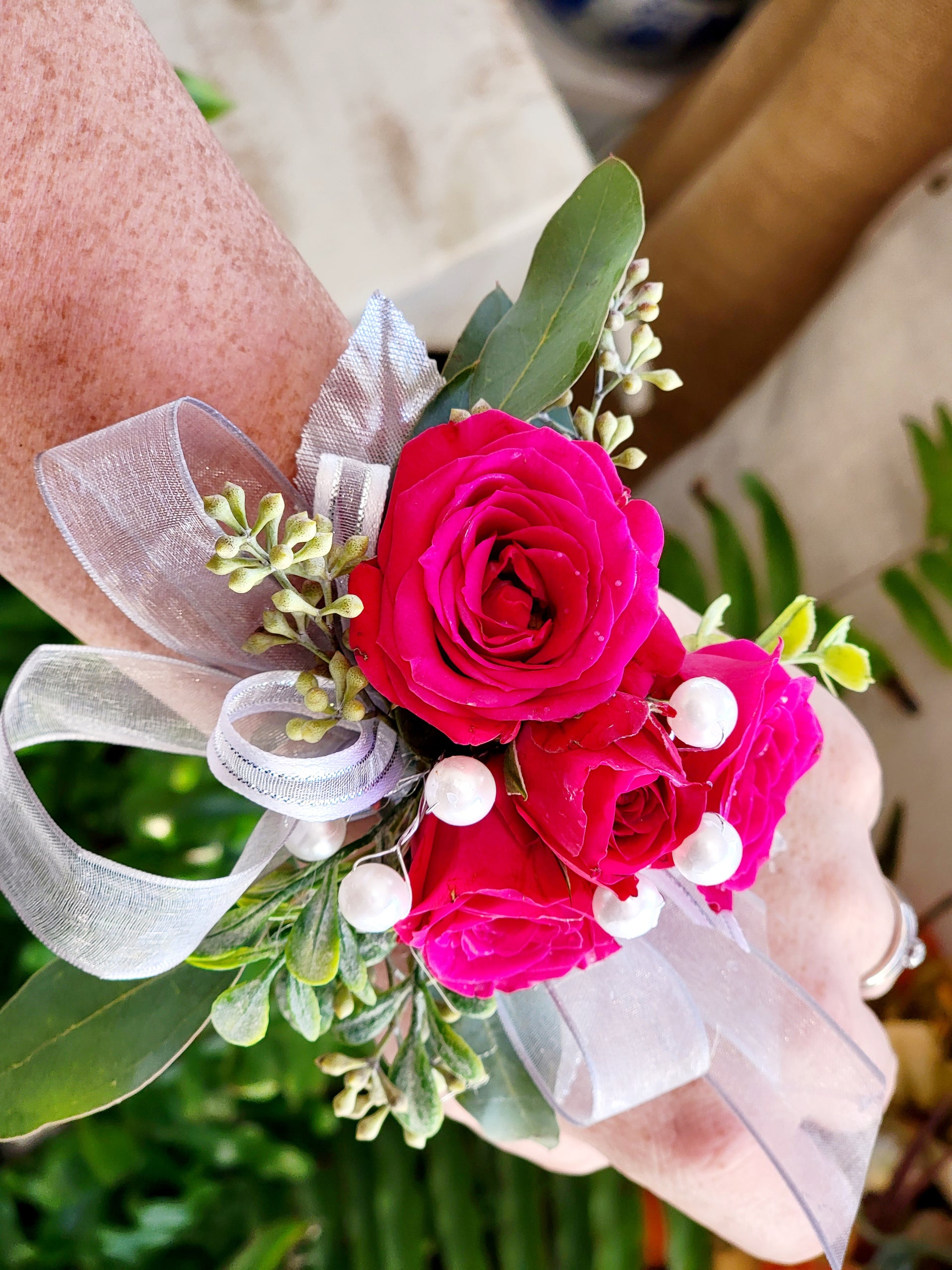 corsage for hot pink dress Hot Pink and White Corsage