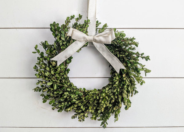 Fresh Boxwood Wreath For Window Or Door With White Bow, Farmhouse Wreath, Rustic Wreath, Green Wreath, Small Mini Wreath, Wedding Wreath