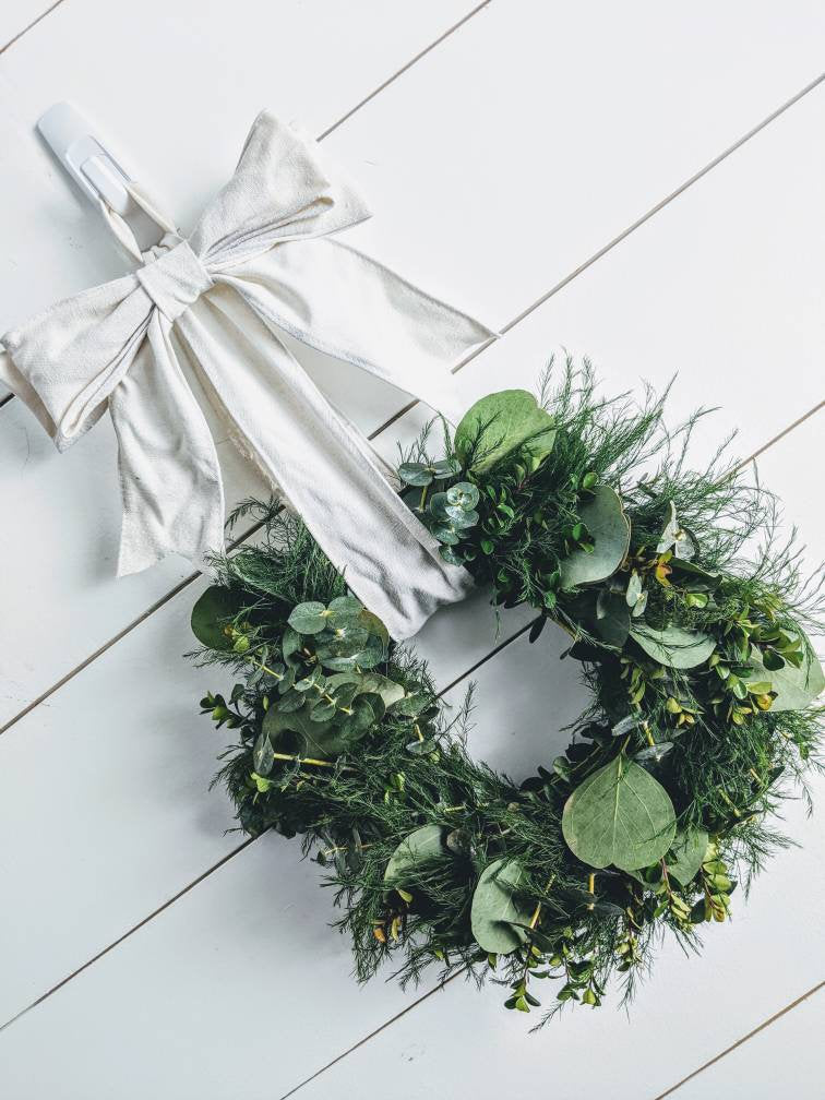 Fresh Eucalyptus Boxwood Wreath for window and door with white bow, Rustic Wreath, Farmhouse Wreath, Wedding Wreath, Kitchen Wreath